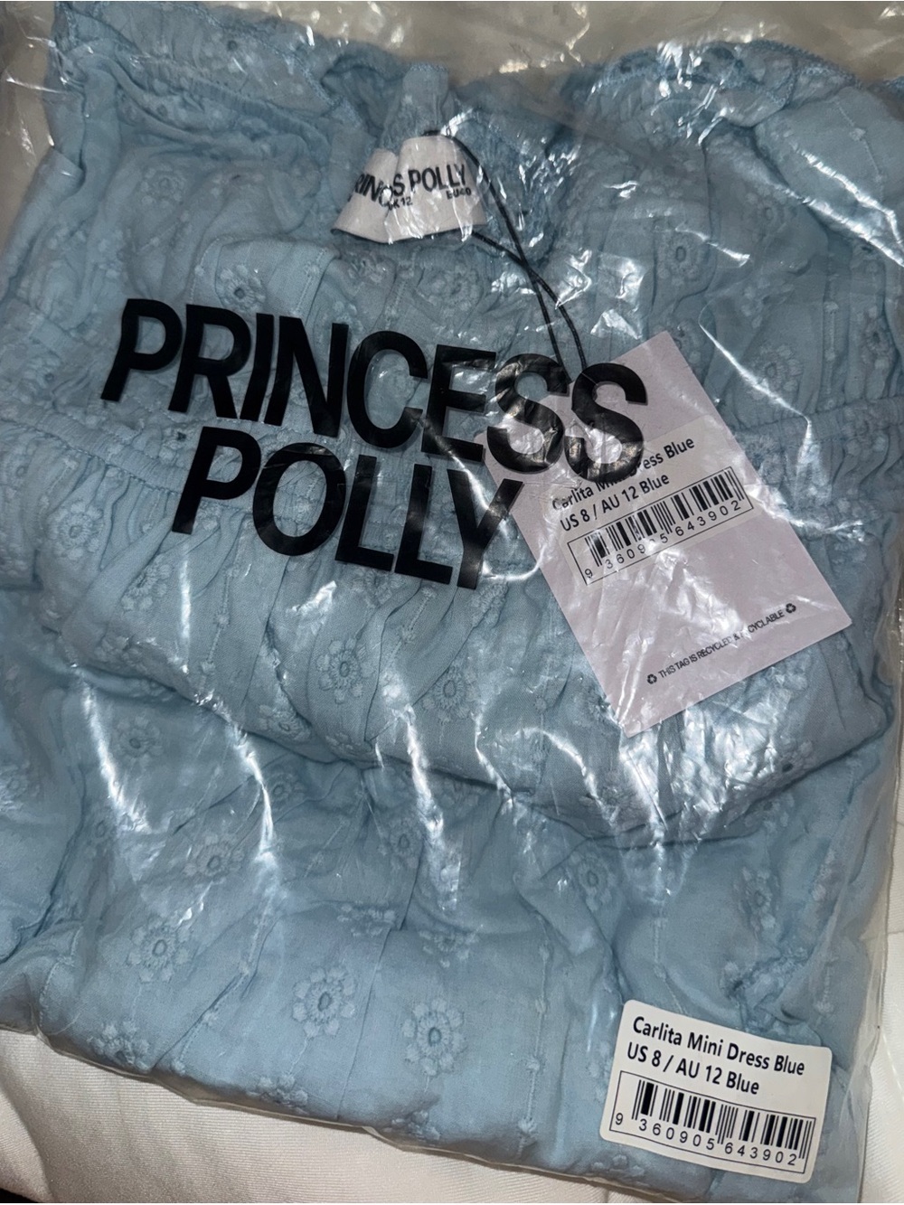 Princess Polly Carlita Mini Dress Blue Eyelet Babydoll Ruffle NWT US 8 - Picture 7 of 10